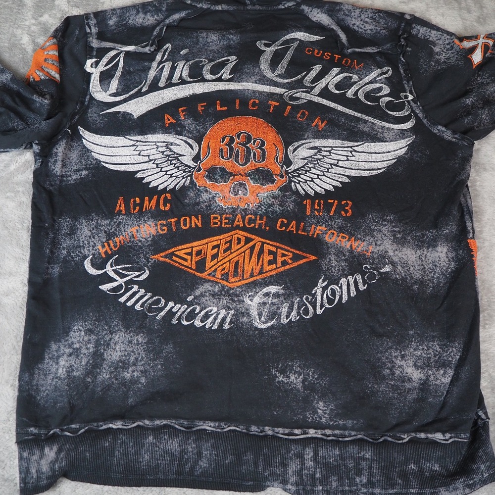 Affliction American Customs Chica Cycles Full Zip Hoodie 2XL Skull Wings Y2K AOP